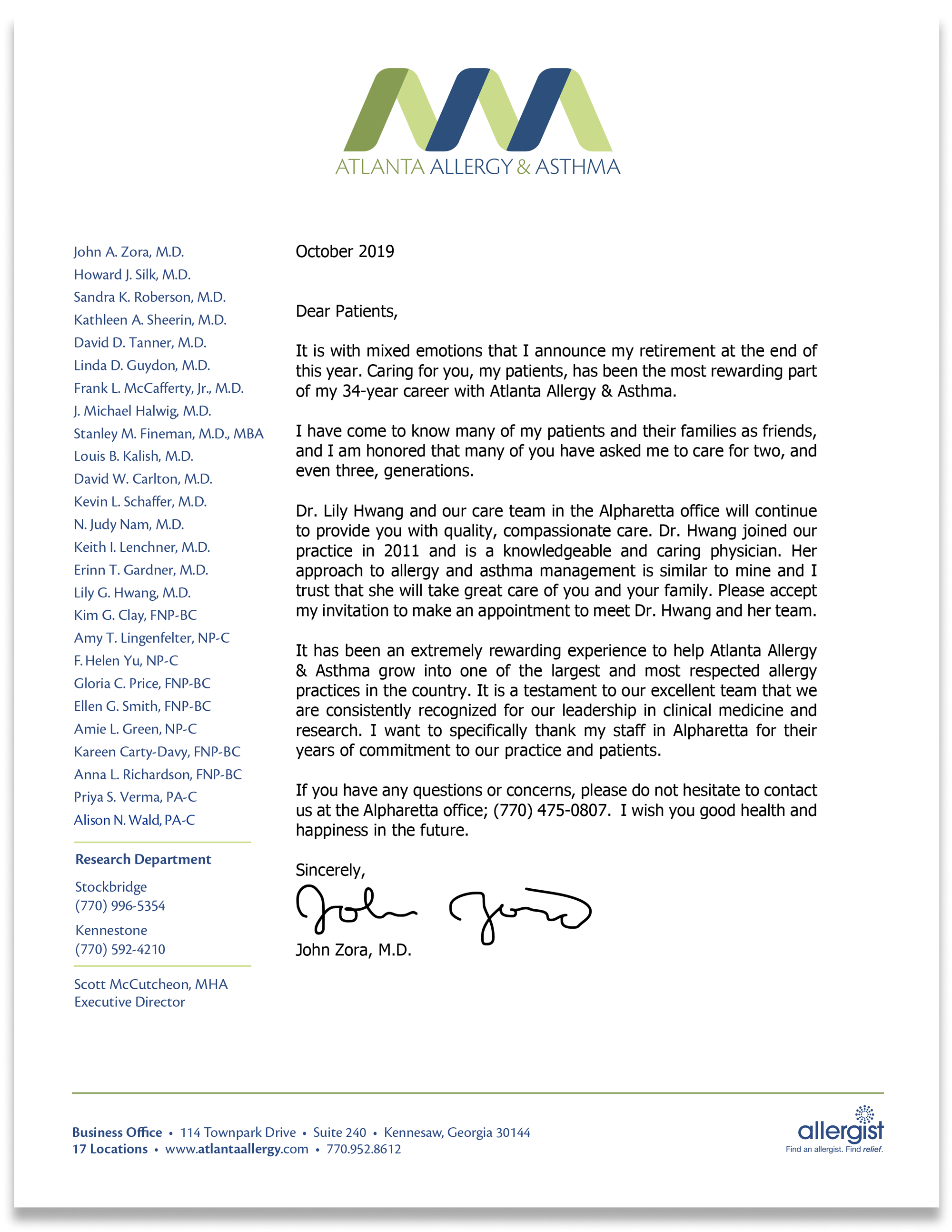 Dr. John Zora’s Retirement Letter