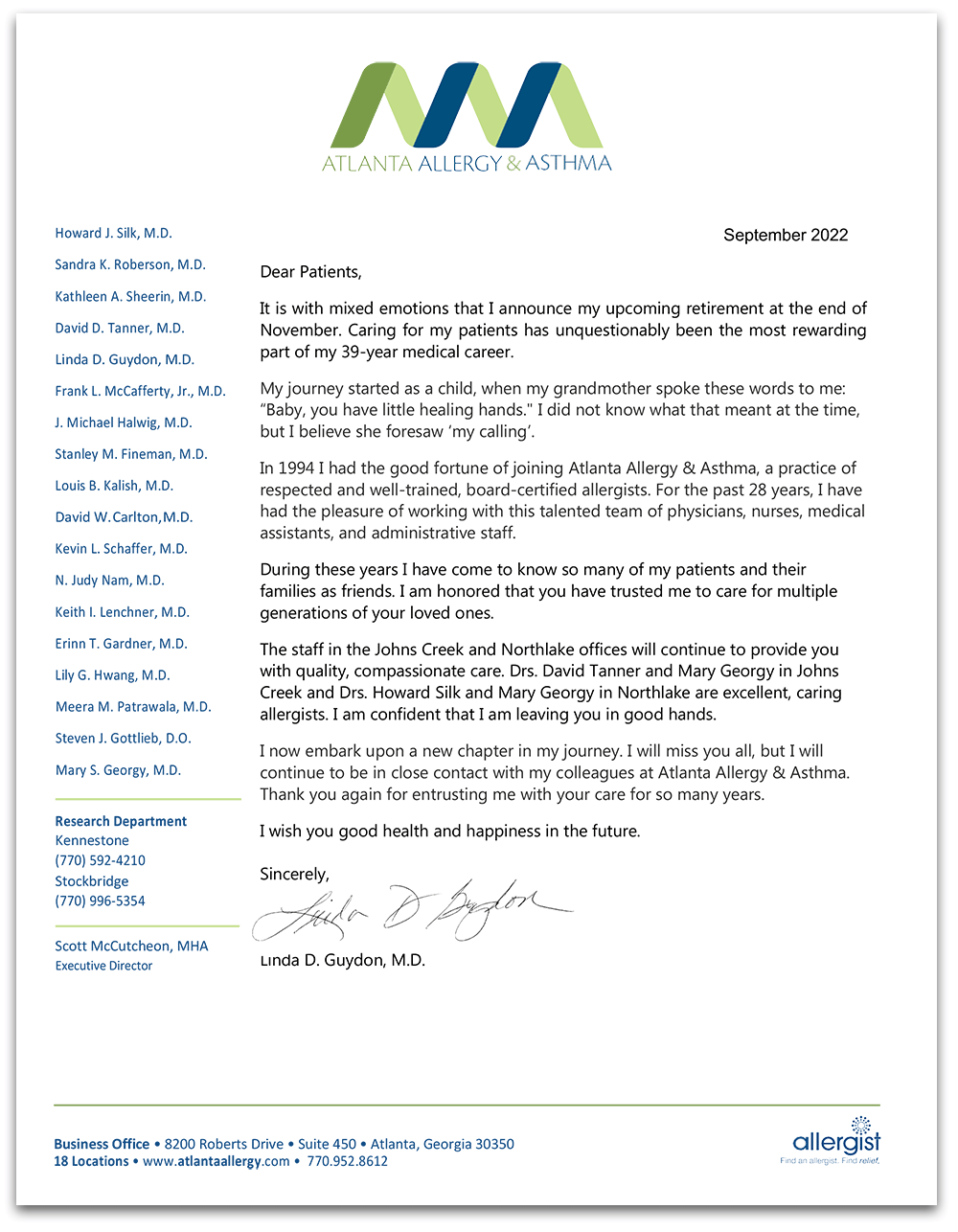 Retirement letter from Dr. Linda Guydon