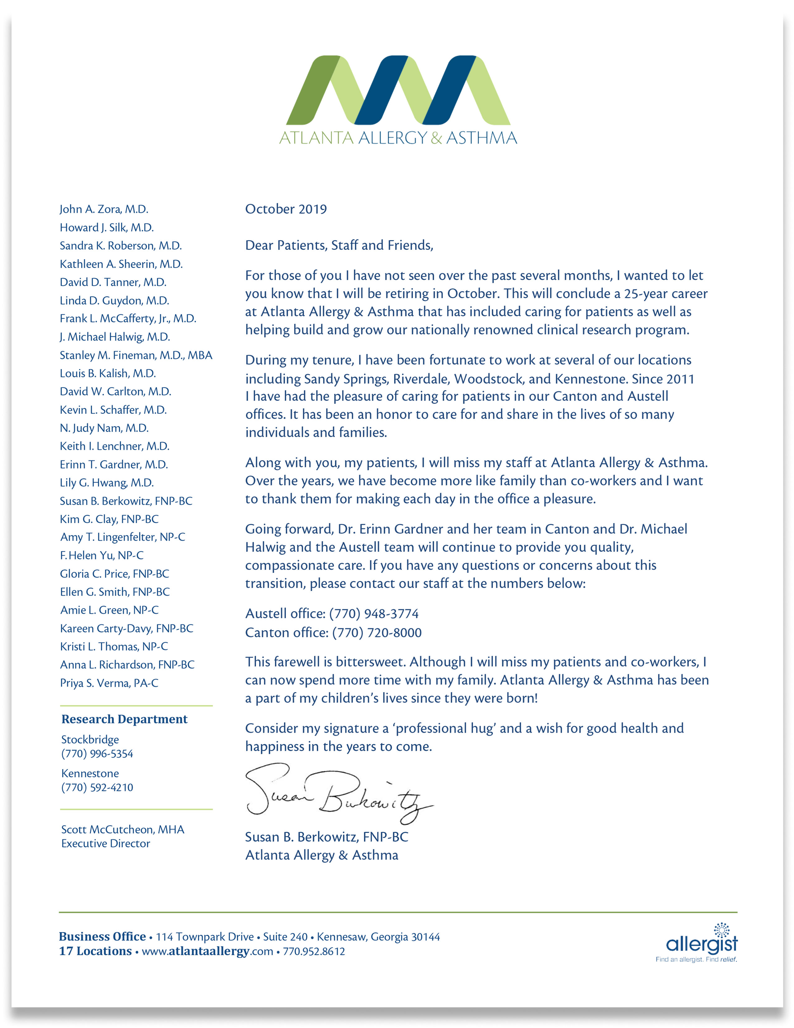 Letter from Susan B. Berkowitz, FNP-BC announcing retirement